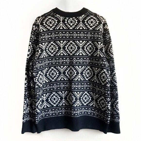 H&M Men's Knit Sweater‎ Size Medium Black White Wool Winter Holiday Fair Isle - Picture 2 of 6